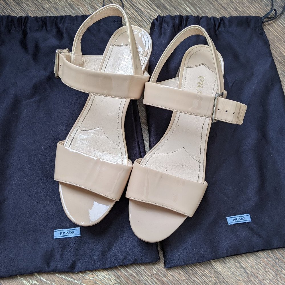 Prada Beige Patent Leather Platform Sandals
